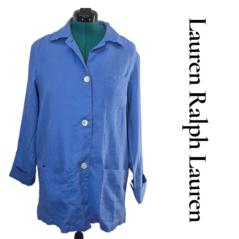 Lauren Ralph Lauren Blue Linen Button Up Shirt‎ Smock Tunic Jacket Women L